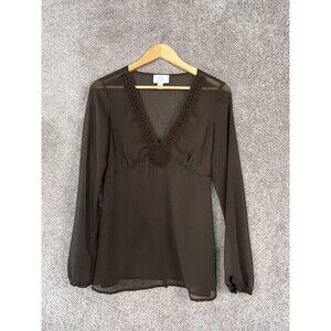 Ann Taylor Shirt Womens Small Brown Sheer Long Sleeves V-Neck Tie Back Top
